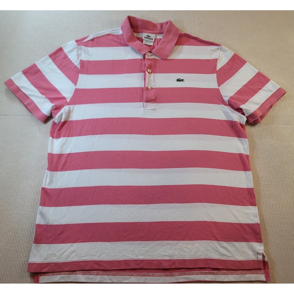 Lacoste Polo Mens shirt Striped XLarge Pink White alligator logo Y2K Preppy